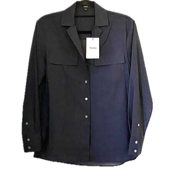 THEORY Airy Shirt Sheer Navy Blue Womens Sz P Button-up Notch Collar Hi-Lo Hem - Picture 2 of 10